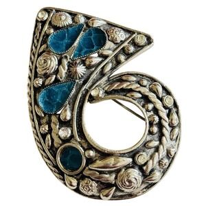 VTG Wilma Spagli Brooch Pin Floral Italy Silver Blue Statement Western 80s swirl